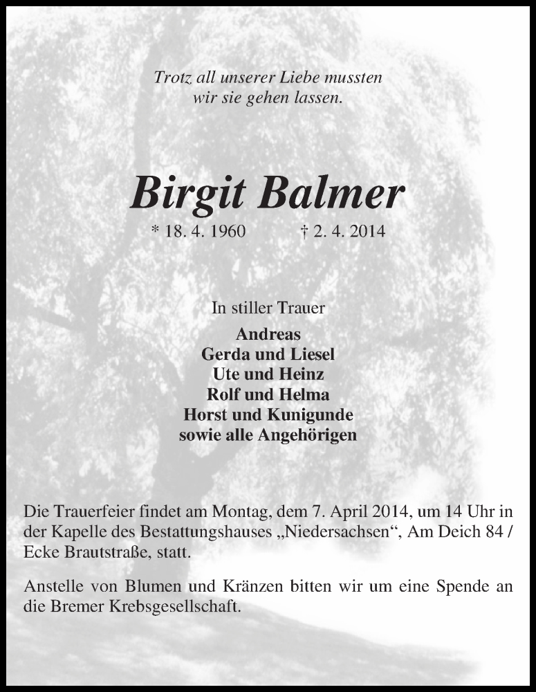  Traueranzeige für Birgit Balmer vom 05.04.2014 aus WESER-KURIER