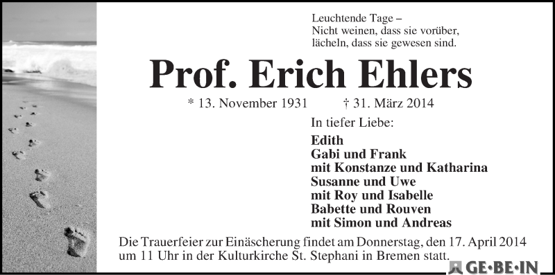  Traueranzeige für Erich Ehlers vom 12.04.2014 aus WESER-KURIER