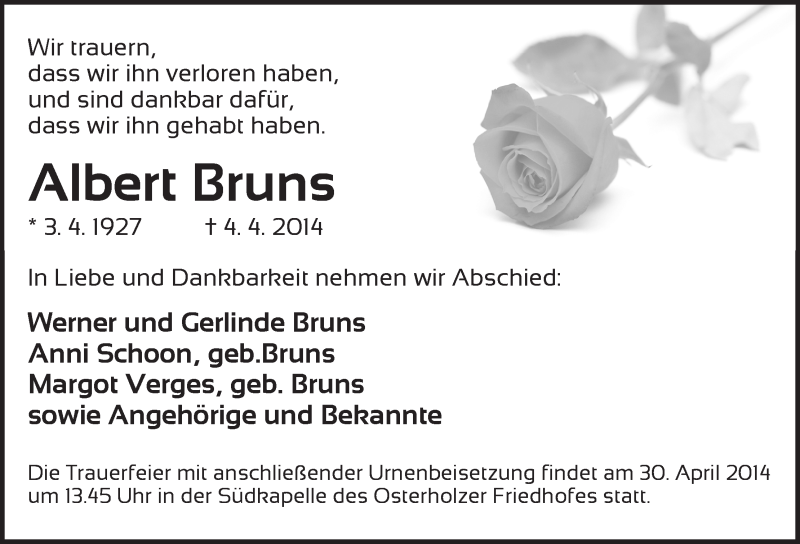  Traueranzeige für Albert Bruns vom 12.04.2014 aus WESER-KURIER