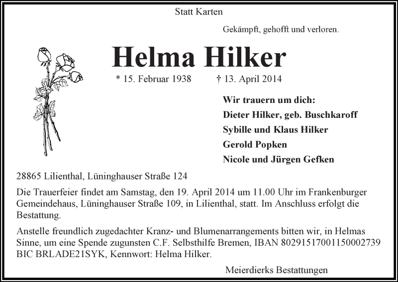 Traueranzeige für Helma Hilker vom 16.04.2014 aus WESER-KURIER