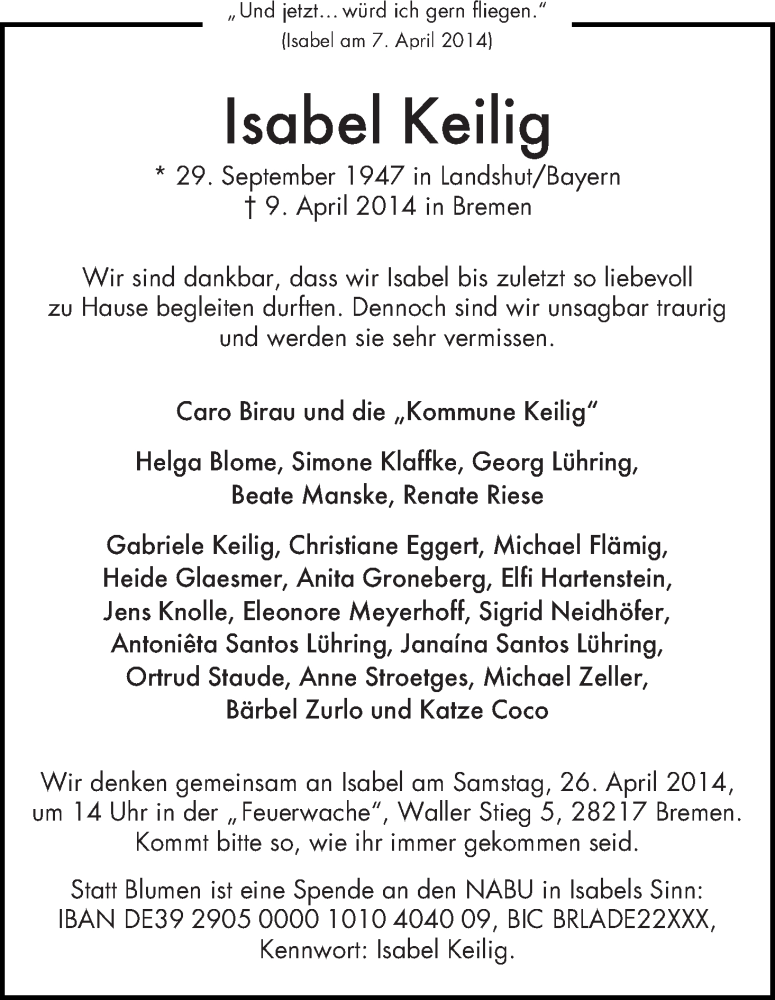  Traueranzeige für Isabel Keilig vom 16.04.2014 aus WESER-KURIER