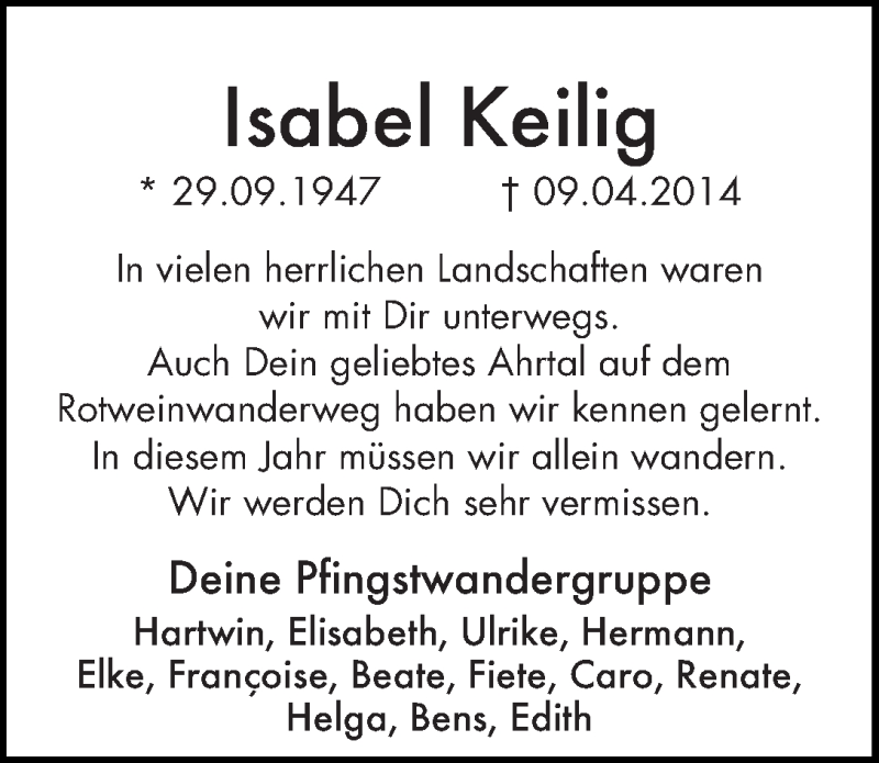  Traueranzeige für Isabel Keilig vom 16.04.2014 aus WESER-KURIER
