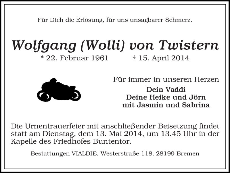  Traueranzeige für Wolfgang von Twistern vom 19.04.2014 aus WESER-KURIER