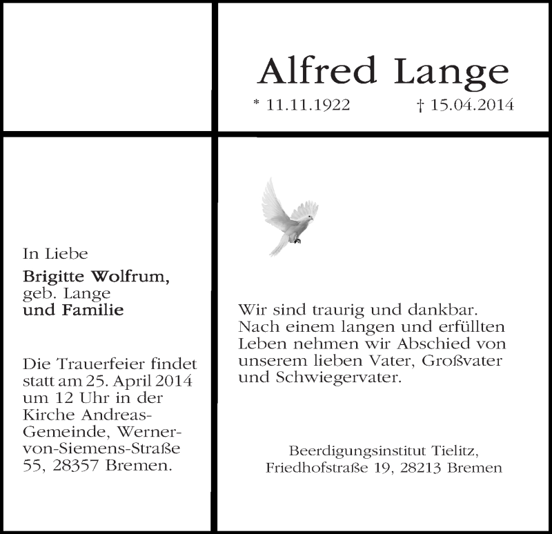  Traueranzeige für Alfred Lange vom 19.04.2014 aus WESER-KURIER
