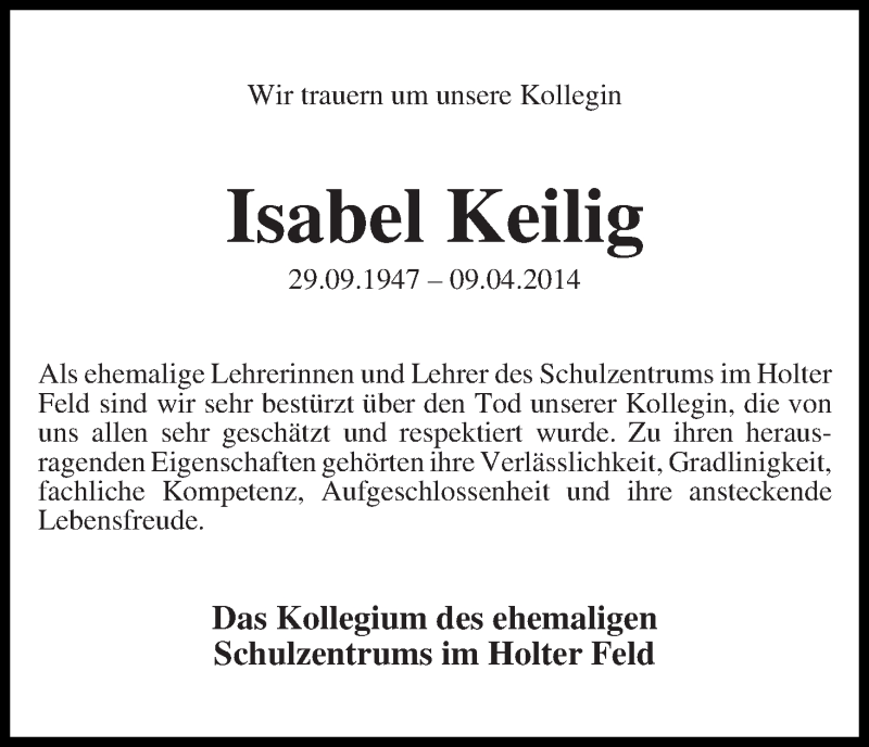  Traueranzeige für Isabel Keilig vom 19.04.2014 aus WESER-KURIER