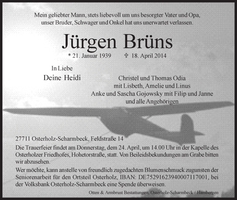  Traueranzeige für Jürgen Brüns vom 22.04.2014 aus Osterholzer Kreisblatt