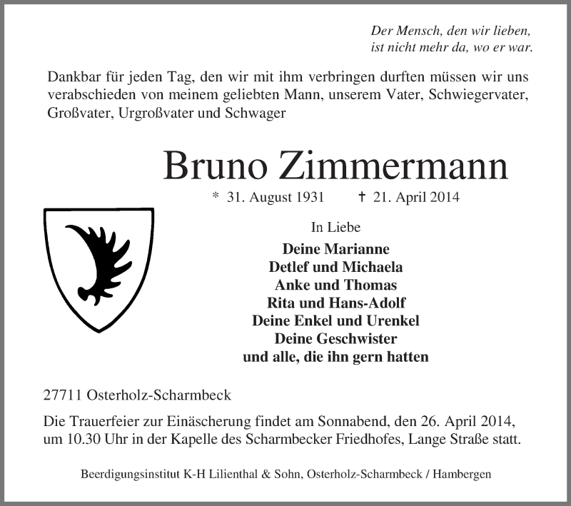 Traueranzeige für Bruno Zimmermann vom 23.04.2014 aus Osterholzer Kreisblatt