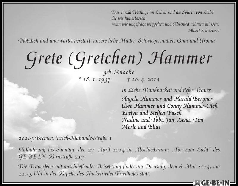  Traueranzeige für Grete Hammer vom 24.04.2014 aus WESER-KURIER