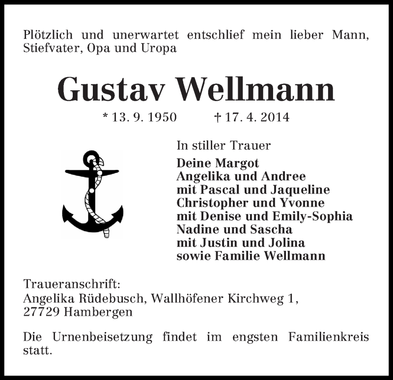 Traueranzeige für Gustav Wellmann vom 24.04.2014 aus Osterholzer Kreisblatt