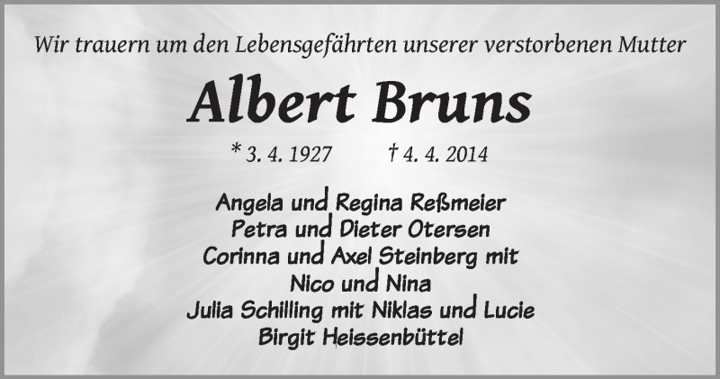  Traueranzeige für Albert Bruns vom 26.04.2014 aus WESER-KURIER
