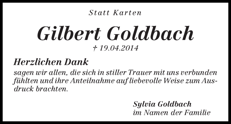  Traueranzeige für Gilbert Goldbach vom 30.04.2014 aus Die Norddeutsche