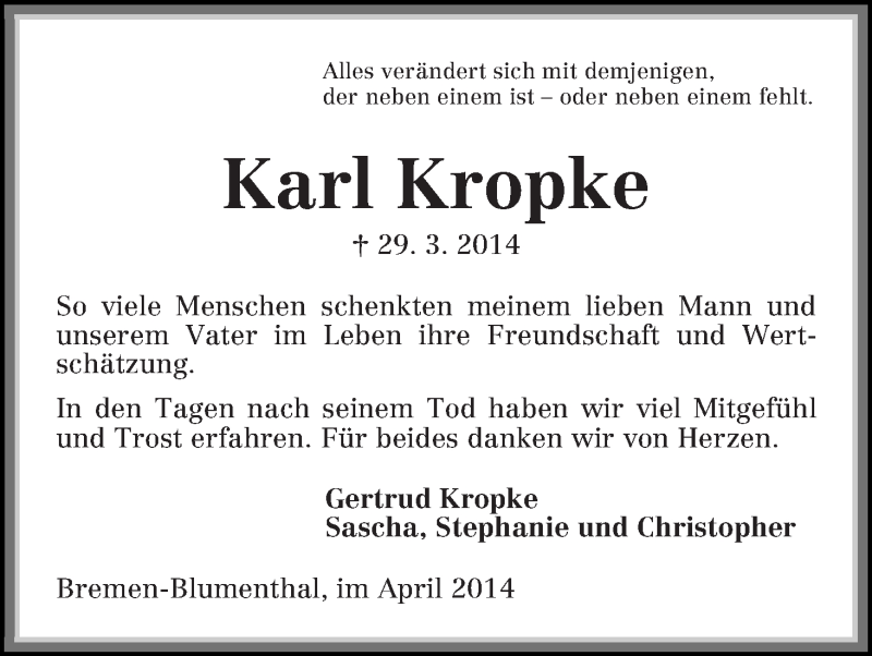  Traueranzeige für Karl Kropke vom 30.04.2014 aus WESER-KURIER