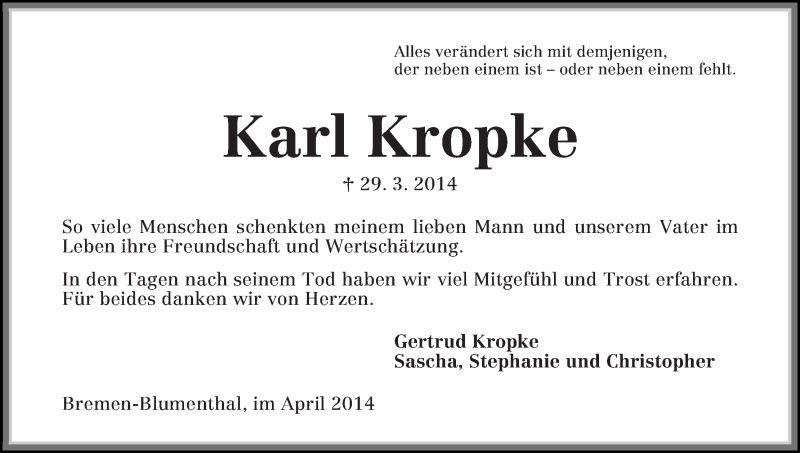  Traueranzeige für Karl Kropke vom 30.04.2014 aus Die Norddeutsche