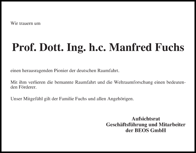  Traueranzeige für Manfred Fuchs vom 30.04.2014 aus WESER-KURIER