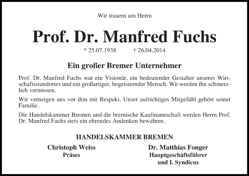  Traueranzeige für Manfred Fuchs vom 30.04.2014 aus WESER-KURIER