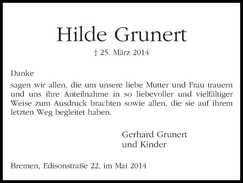  Traueranzeige für Hilde Grunert vom 10.05.2014 aus WESER-KURIER