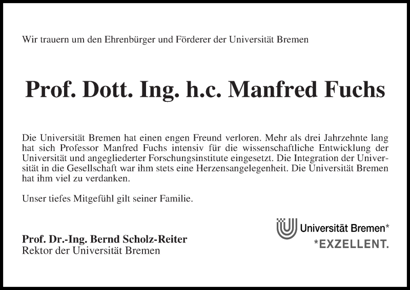  Traueranzeige für Manfred Fuchs vom 03.05.2014 aus WESER-KURIER