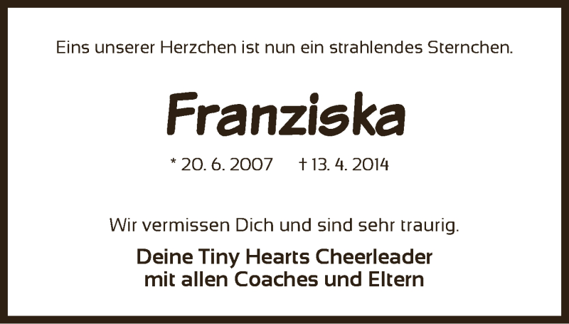  Traueranzeige für Franziska Lüers vom 07.05.2014 aus WESER-KURIER