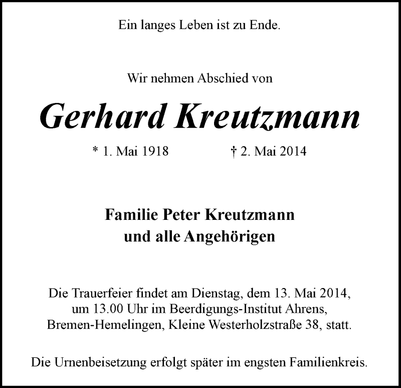 Traueranzeige von Gerhard Kreutzmann von WESER-KURIER