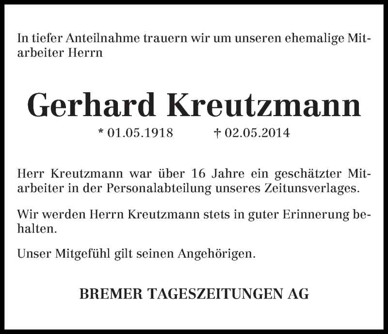 Traueranzeige von Gerhard Kreutzmann von WESER-KURIER