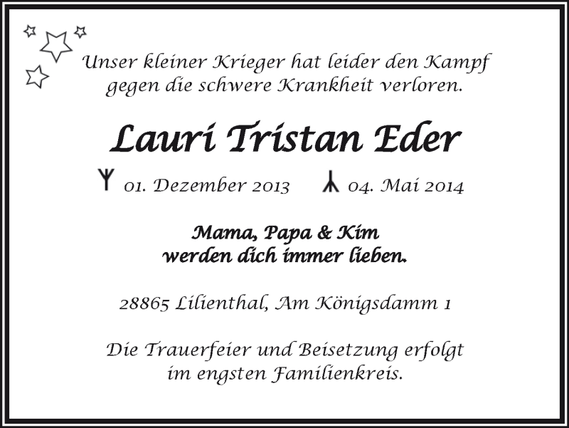  Traueranzeige für Lauri Tristan Eder vom 08.05.2014 aus Wuemme Zeitung