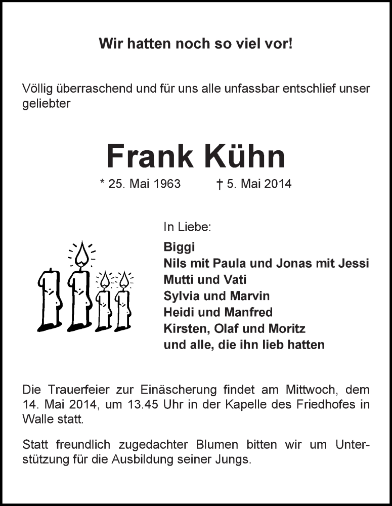  Traueranzeige für Frank Kühn vom 10.05.2014 aus WESER-KURIER