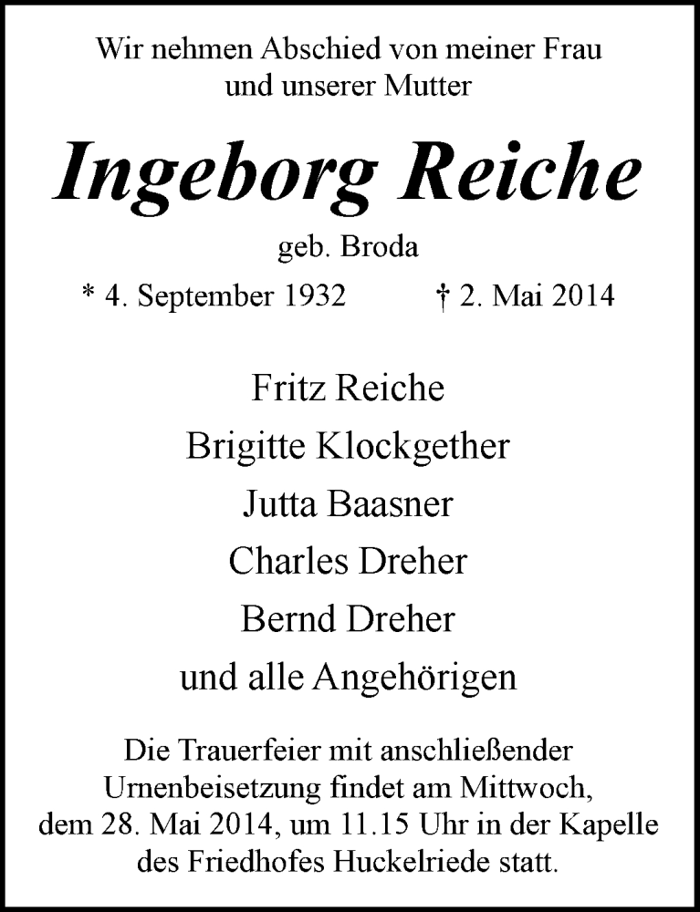  Traueranzeige für Ingeborg Reiche vom 17.05.2014 aus WESER-KURIER
