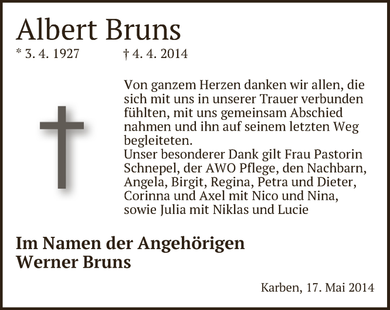  Traueranzeige für Albert Bruns vom 17.05.2014 aus WESER-KURIER