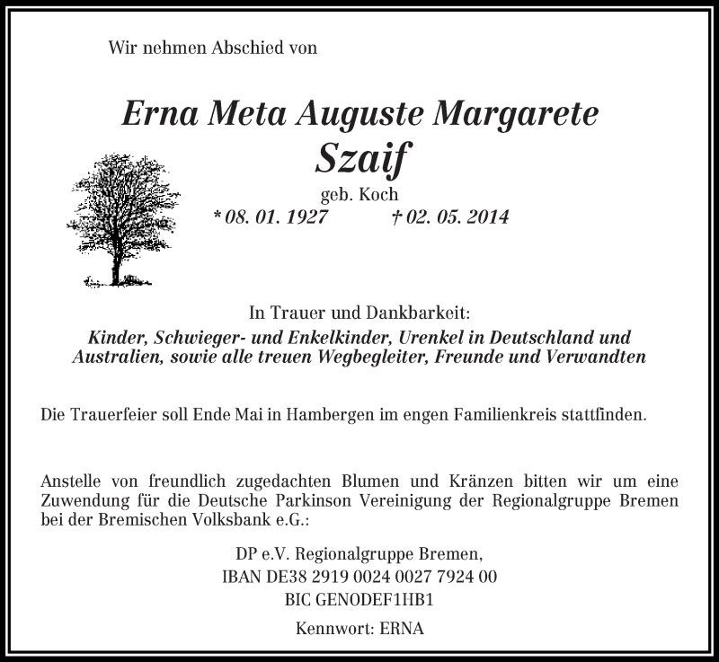 Traueranzeige von Erna Meta Auguste Margarete Szaif von Die Norddeutsche