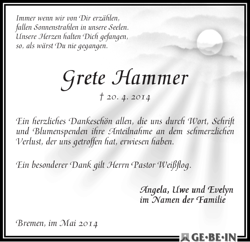  Traueranzeige für Grete Hammer vom 17.05.2014 aus WESER-KURIER