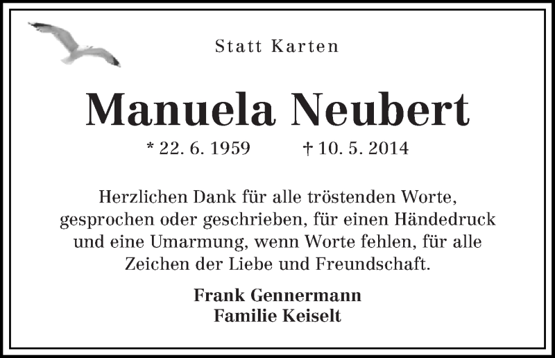  Traueranzeige für Manuela Neubert vom 04.06.2014 aus WESER-KURIER