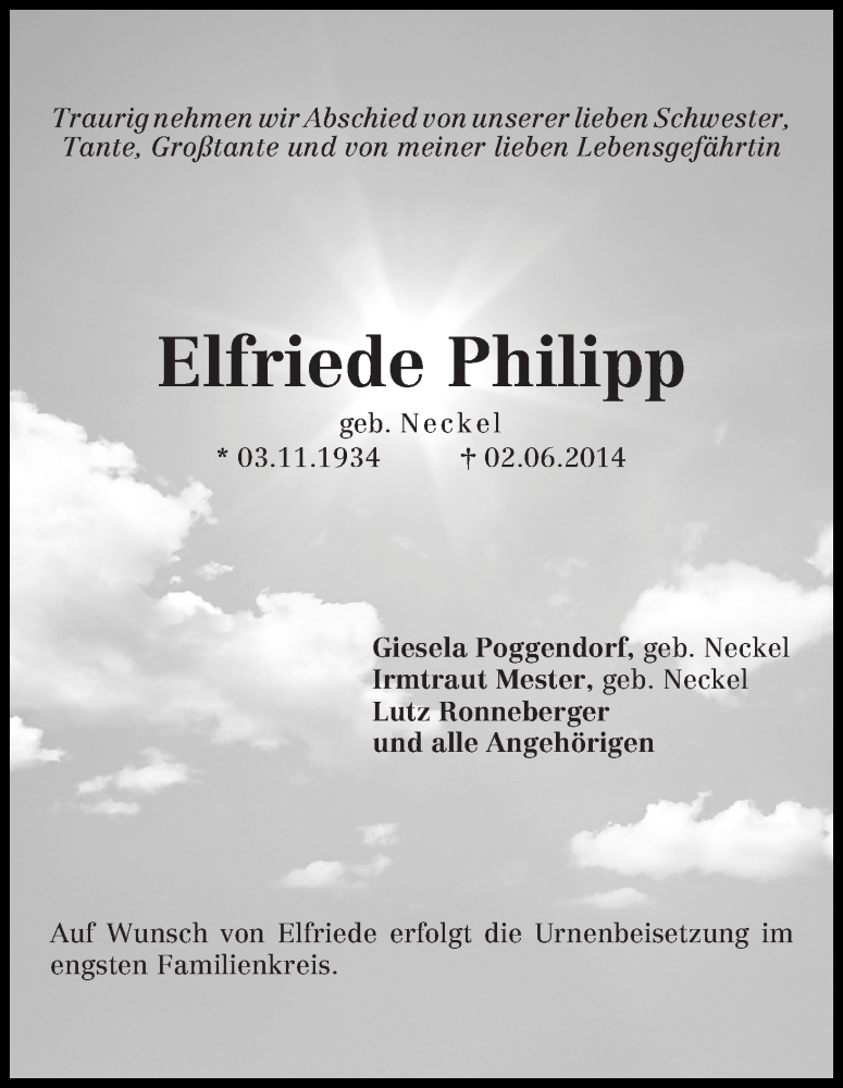 Traueranzeige von Elfriede Philipp von WESER-KURIER