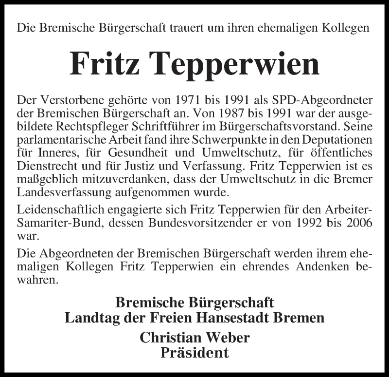  Traueranzeige für Fritz Tepperwien vom 07.06.2014 aus Die Norddeutsche