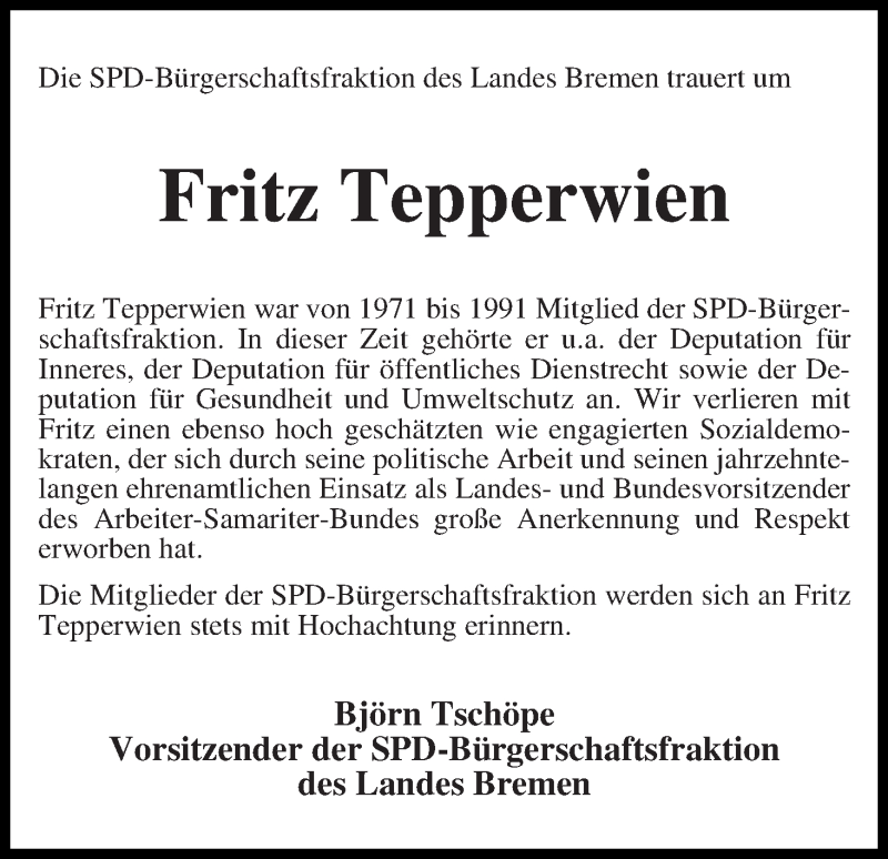  Traueranzeige für Fritz Tepperwien vom 07.06.2014 aus Die Norddeutsche