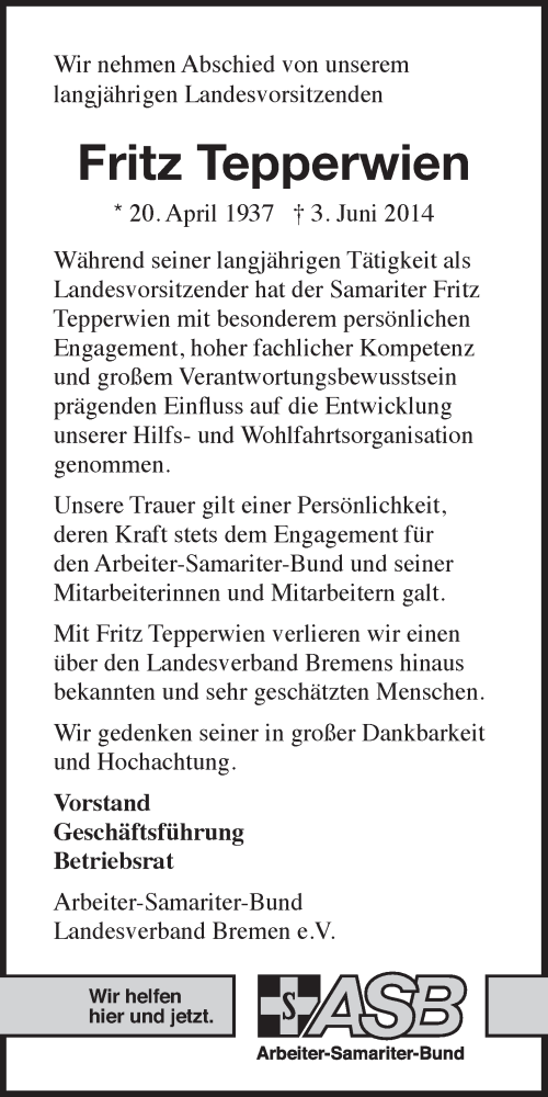  Traueranzeige für Fritz Tepperwien vom 07.06.2014 aus WESER-KURIER