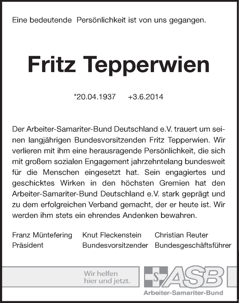  Traueranzeige für Fritz Tepperwien vom 07.06.2014 aus WESER-KURIER