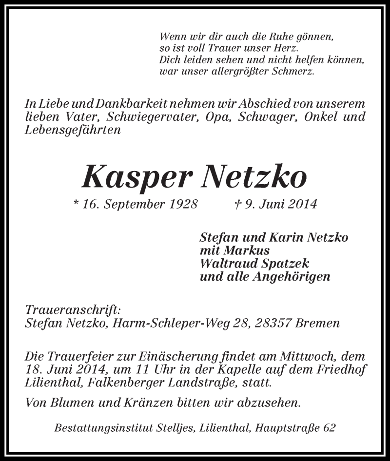 Traueranzeigen Von Kasper Netzko Trauer Gedenken