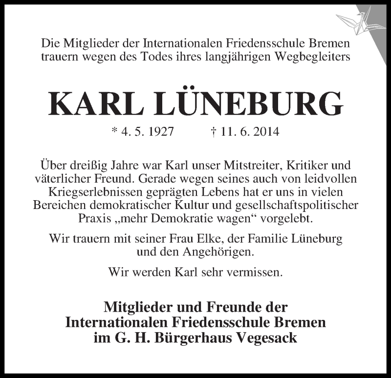 Traueranzeige für Karl Lüneburg vom 14.06.2014 aus Die Norddeutsche