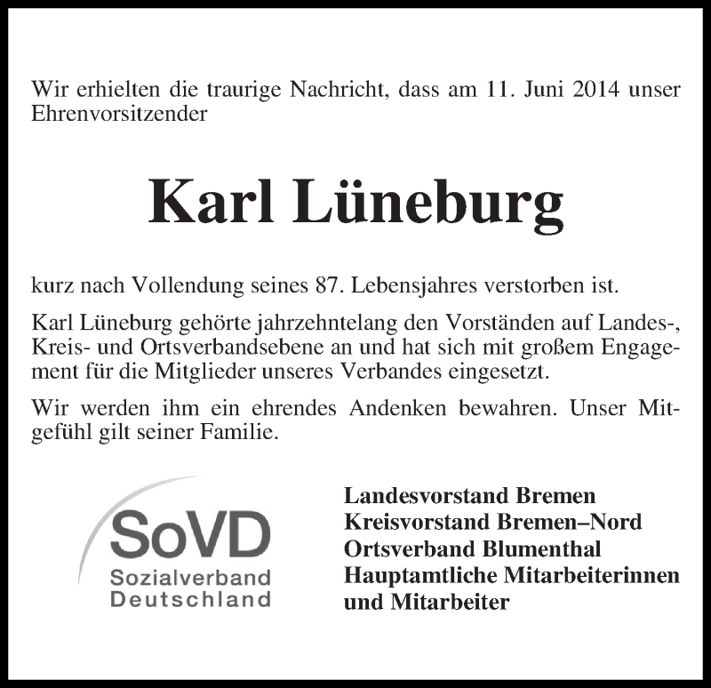  Traueranzeige für Karl Lüneburg vom 14.06.2014 aus WESER-KURIER