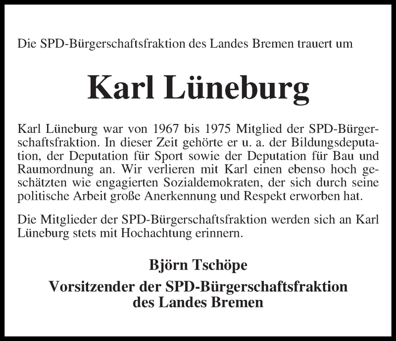  Traueranzeige für Karl Lüneburg vom 14.06.2014 aus WESER-KURIER