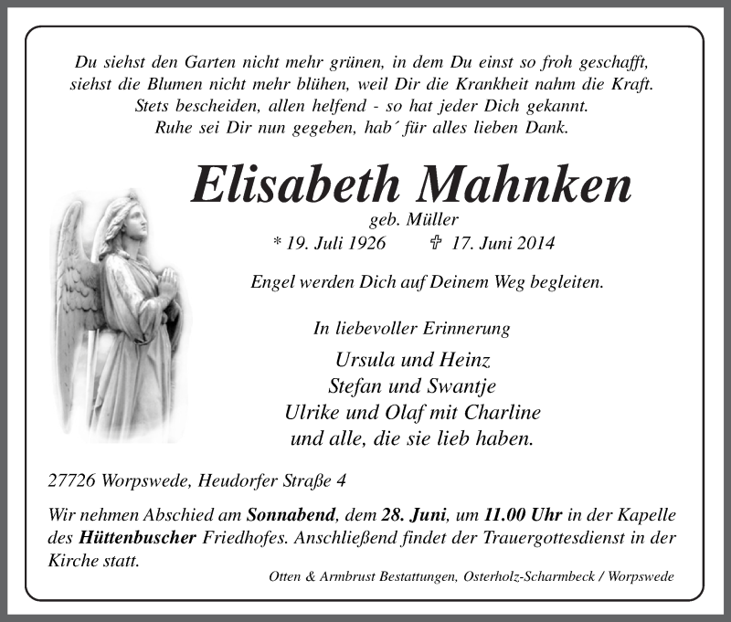  Traueranzeige für Elisabeth Mahnken vom 21.06.2014 aus Wuemme Zeitung