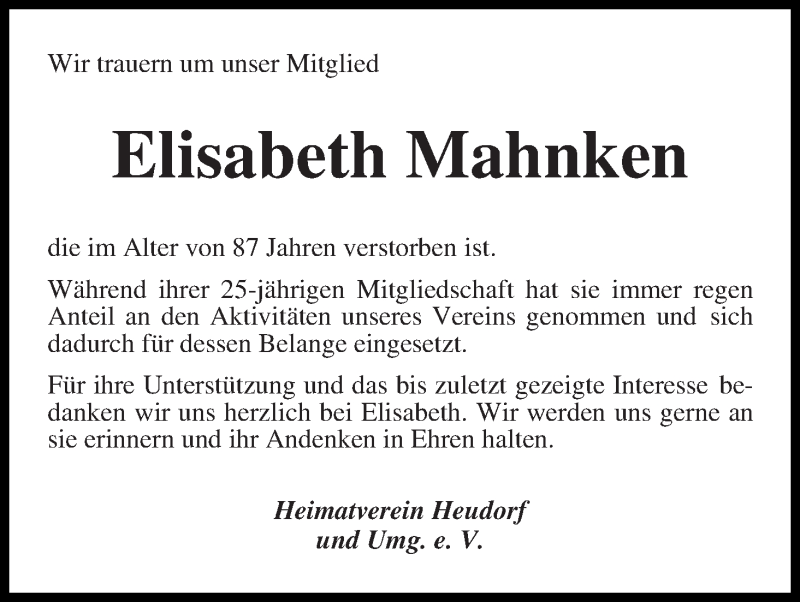  Traueranzeige für Elisabeth Mahnken vom 21.06.2014 aus Wuemme Zeitung