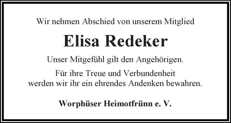 Traueranzeigen Von Elisa Redeker Trauer Gedenken