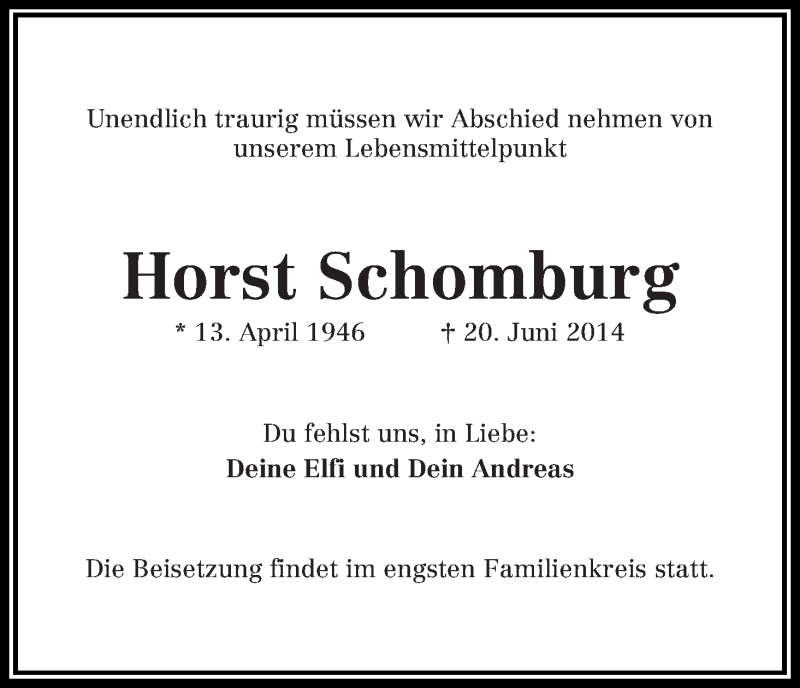  Traueranzeige für Horst Schomburg vom 25.06.2014 aus Wuemme Zeitung