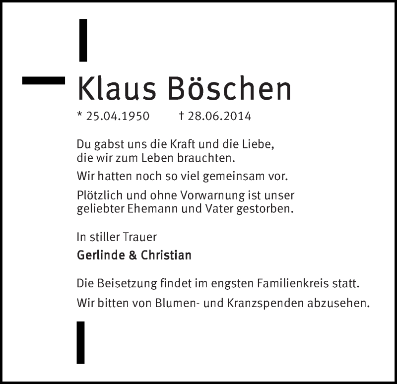  Traueranzeige für Klaus Böschen vom 02.07.2014 aus WESER-KURIER