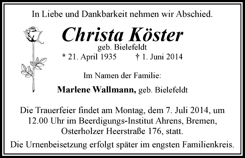 Traueranzeigen Von Christa K Ster Trauer Gedenken