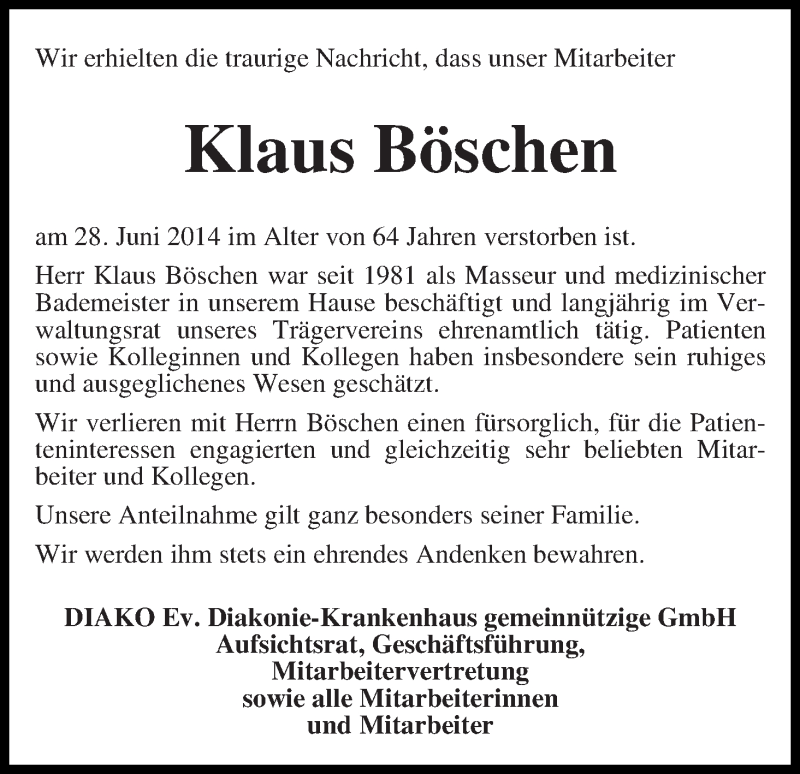  Traueranzeige für Klaus Böschen vom 02.07.2014 aus WESER-KURIER