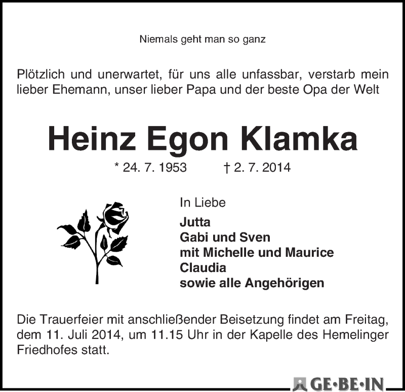  Traueranzeige für Heinz Egon Klamka vom 05.07.2014 aus WESER-KURIER