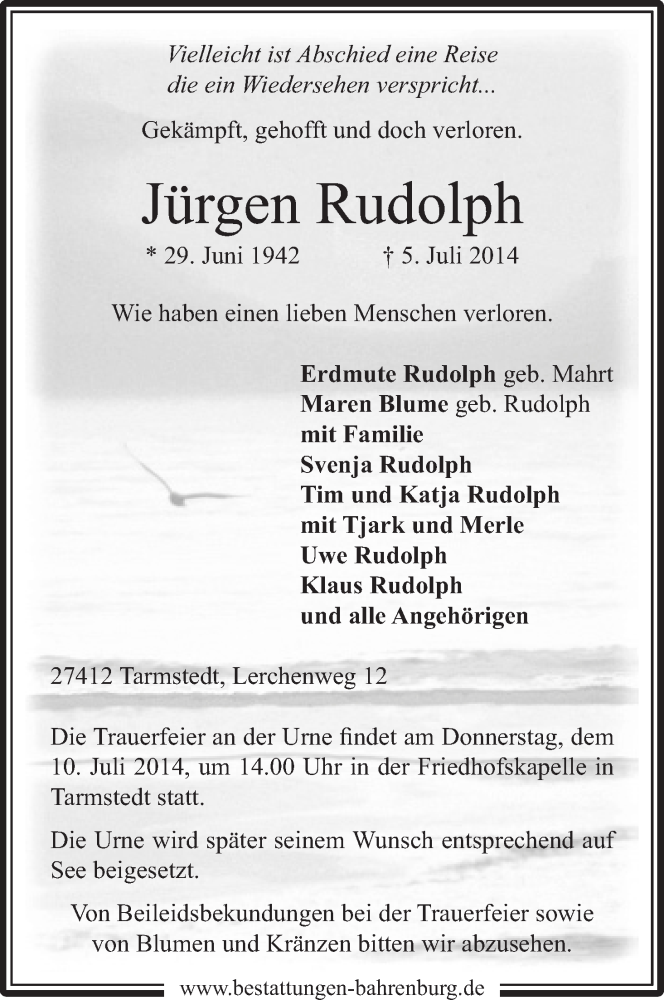  Traueranzeige für Jürgen Rudolph vom 07.07.2014 aus Wuemme Zeitung