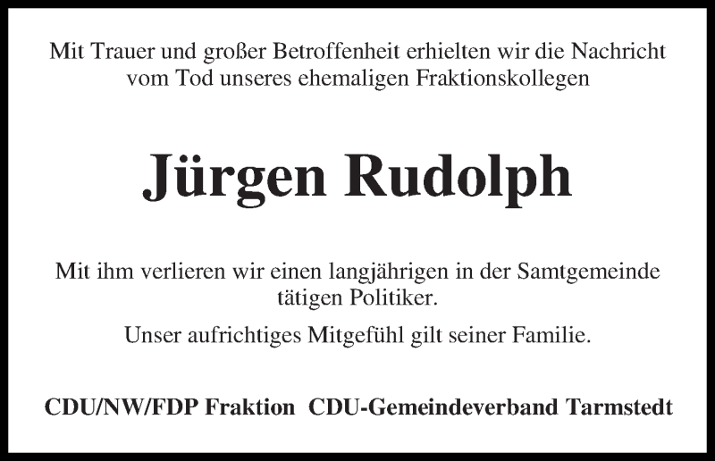  Traueranzeige für Jürgen Rudolph vom 08.07.2014 aus Wuemme Zeitung